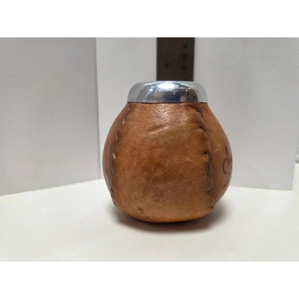 Vintage leather-wrapped mate gourd Argentina pencil‎ cup souvenir flower vase